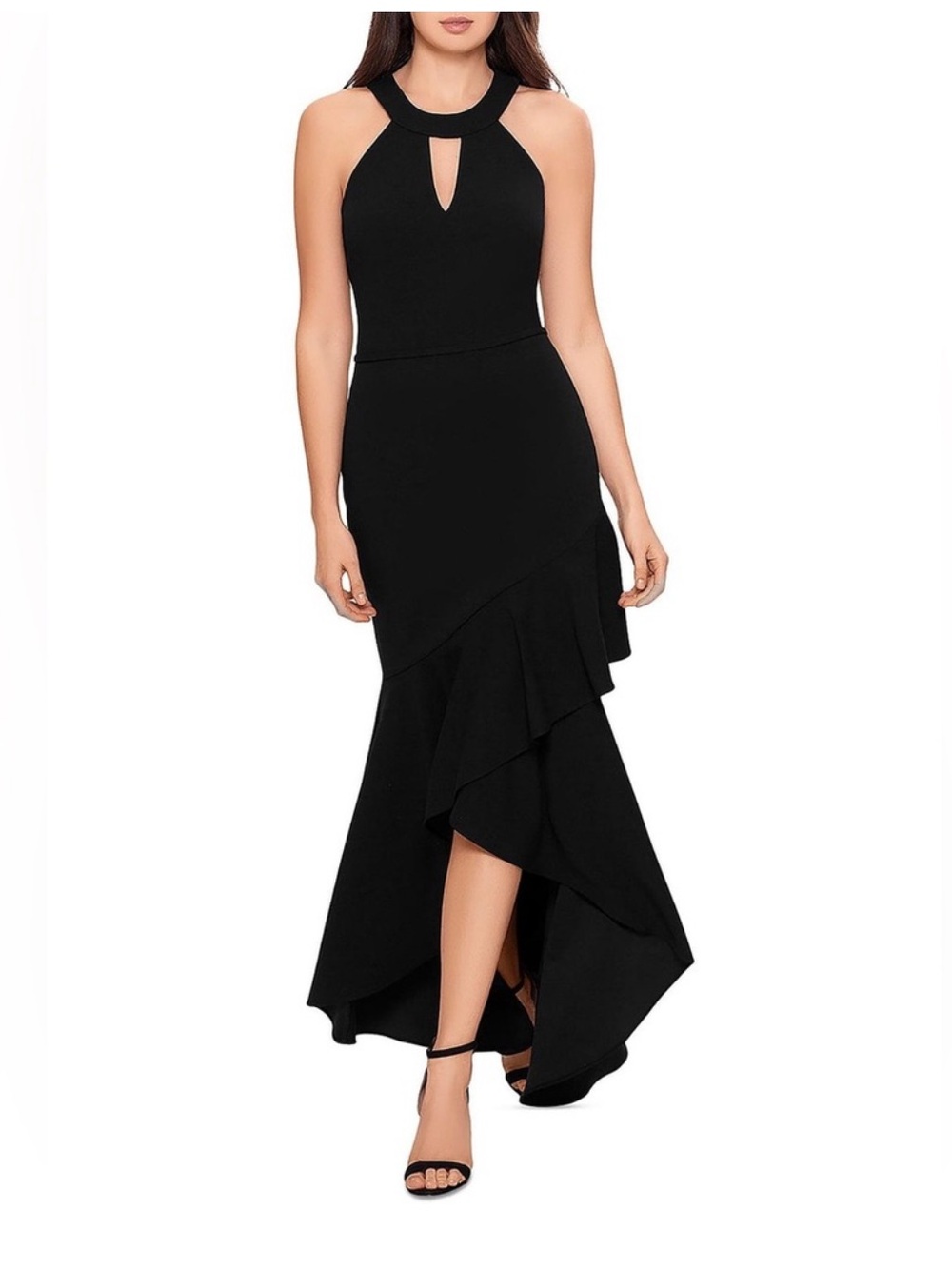 AQUA FORMAL Black Keyhole High-Low Ruffle Gown, Size 4 NWT